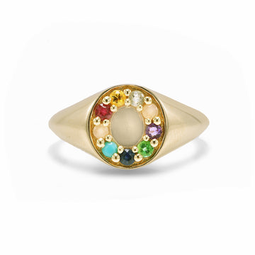 Rainbow Compass Signet Ring - "Love Story" Message - 9 Stones